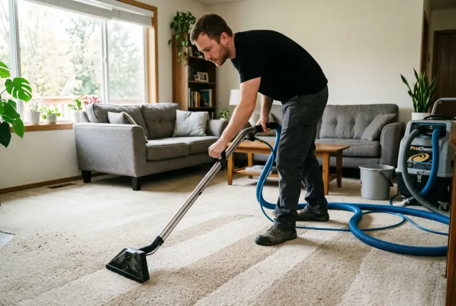 Technician steam cleaning a beige carpet in a bright living room