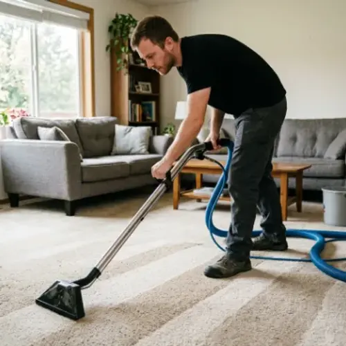 Carpet cleaning in progress in a living room