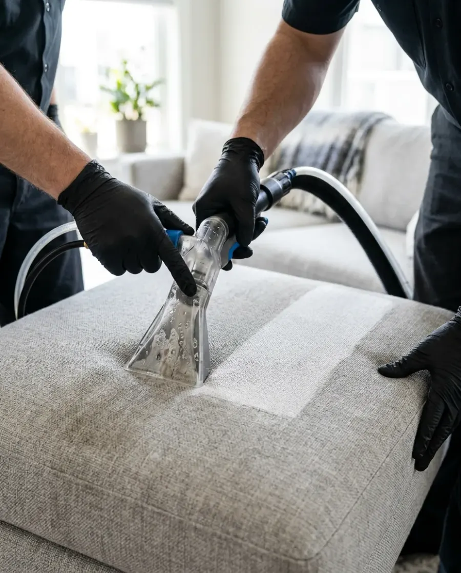 Gloved hands using an upholstery extraction tool on a light fabric sofa cushion